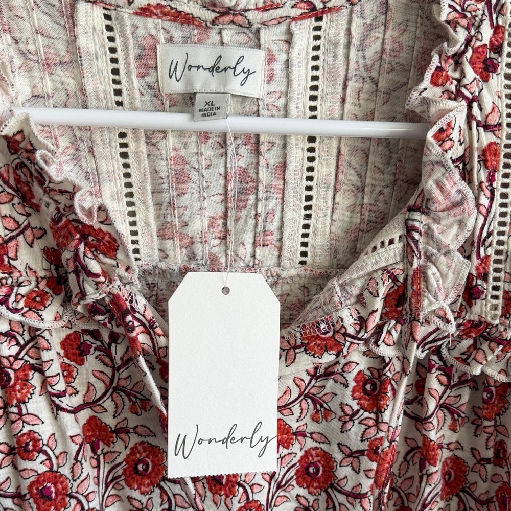 Wonderly Cream Blouse with Red Floral Print and Tassel Tie - Picture 2 of 4